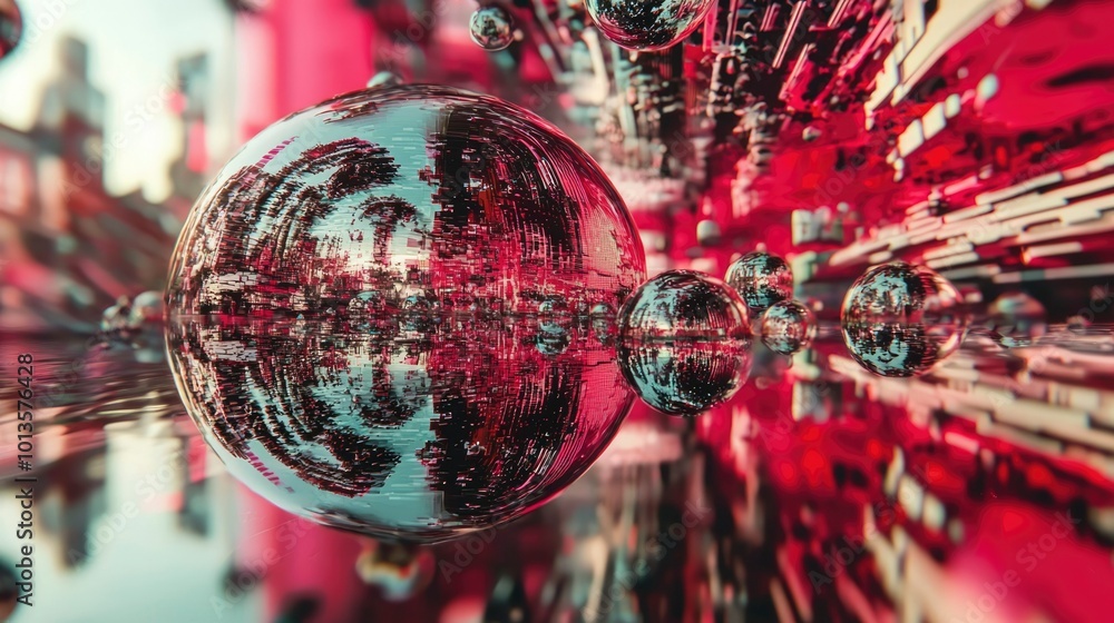 Poster a large, reflective sphere reflecting a red and white abstract pattern