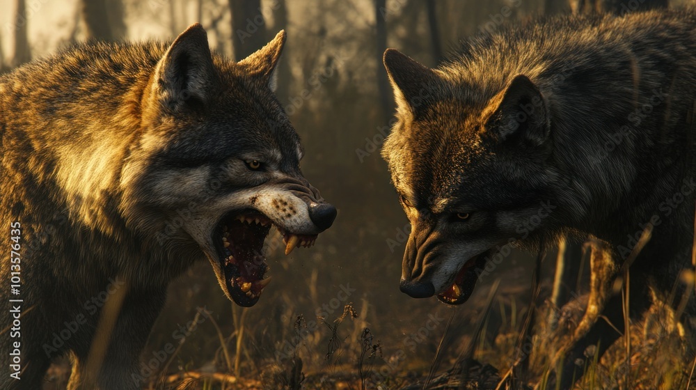 Sticker Two Wolves Facing Each Other with Aggressive Expressions in a Forest Setting