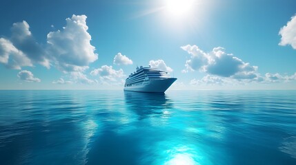 Fototapeta premium A majestic cruise ship glides through crystal clear turquoise waters under a vibrant blue sky, illustrating luxury maritime travel and tranquil seascapes with bright sunlight.