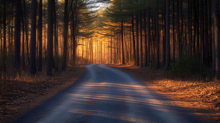 Obraz premium Road with shadows of tall pines creating a pattern, artistic and captivating