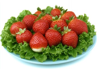 A plate of fresh red strawberries with lettuce.