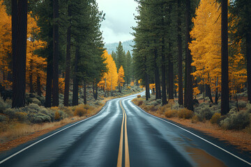 Obraz premium Scenic drive through autumnal pine forest, colorful foliage lining the road
