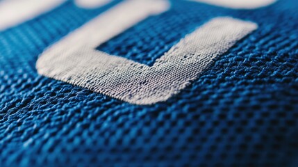 A close-up of a number printed on a blue football jersey, highlighting the fabric texture beneath.