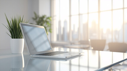 Laptop on a simple glass desk in a minimalist office, with bright, natural light highlighting the clean lines