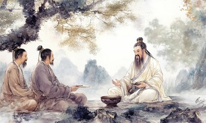 Three men in robes, seated, amidst misty mountains.