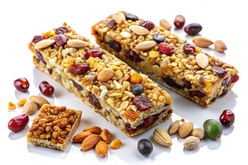 Assorted healthy granola bars with nuts, seeds, and dried fruits isolated on white background, perfect for a nutritious breakfast or snack on-the-go option.