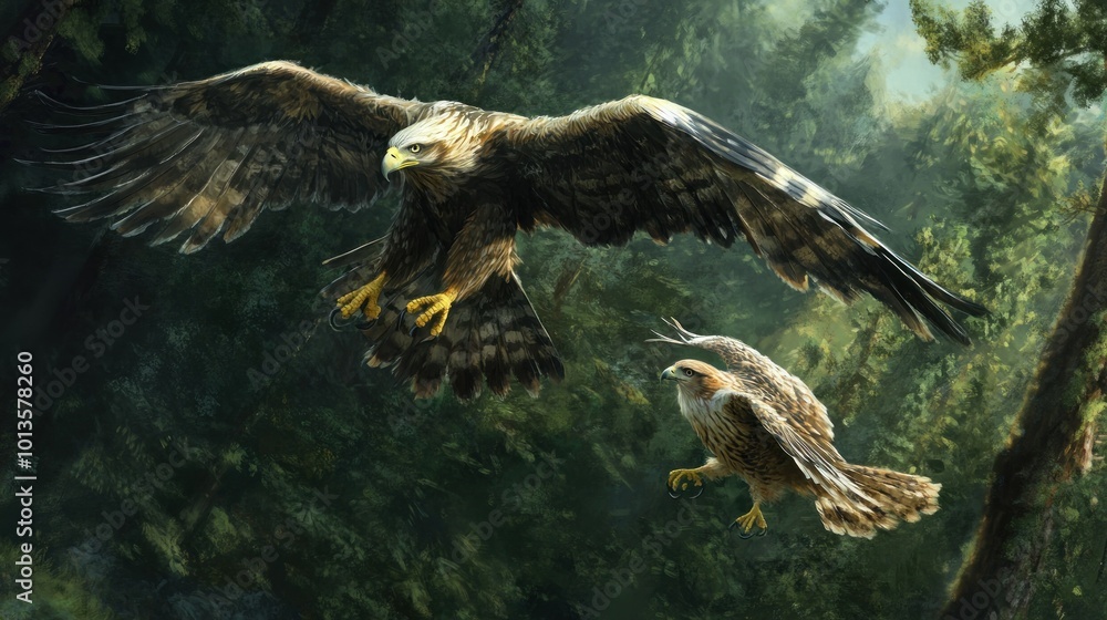 Wall mural Two Hawks Flying Through a Lush Forest