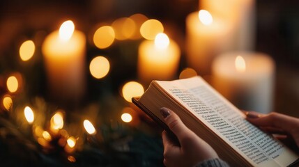 Close-up of hands holding a prayer book next to an Advent wreath, softly lit by candlelight, creating a serene moment, [Advent Begins], [faith and meditation], ,