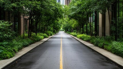 Naklejka premium An urban street lined with newly planted trees, enhancing the cityscape and promoting green urban spaces, [National Tree Week], [urban reforestation], ,