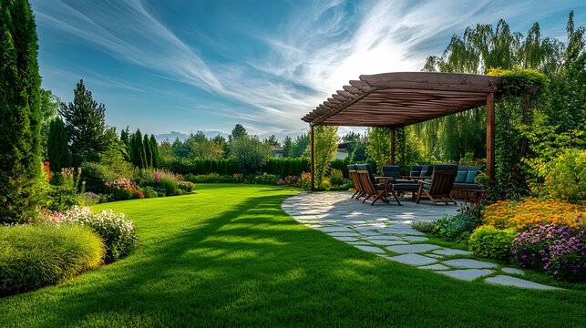 A modern outdoor patio includes lush greenery, colorful flowers, and wooden furniture, depicting a sunny backyard oasis with a contemporary design and a bright blue sky.