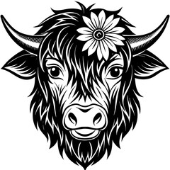 Hand drawn vector illustration of a cute yak face in a flower crown, with lettering quote Spring Is Here. Isolated objects on white. Scandinavian style flat design.