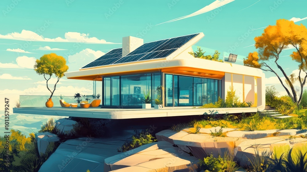 Poster Modern House with Solar Panels on a Clifftop