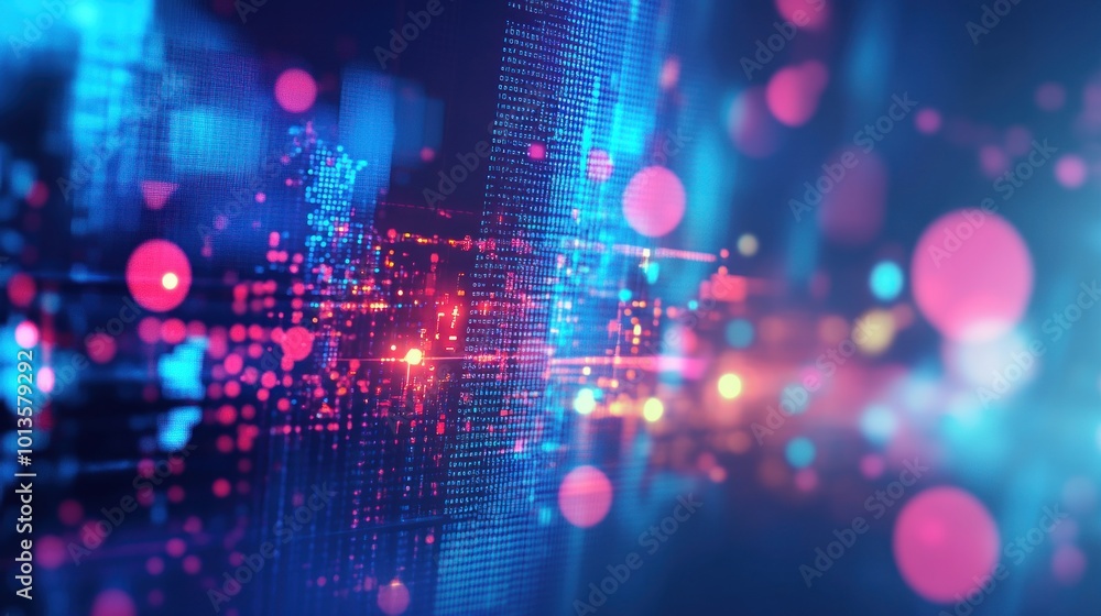 Poster abstract digital visualization with vibrant colors and data patterns.