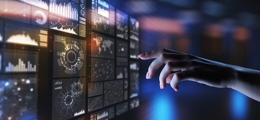 Applications icons on virtual screen, technology, development background concept.