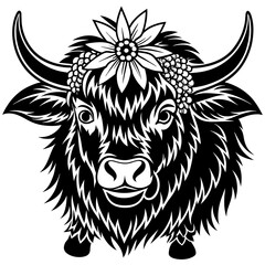 Hand drawn vector illustration of a cute yak face in a flower crown, with lettering quote Spring Is Here. Isolated objects on white. Scandinavian style flat design.