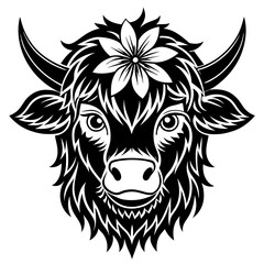 Hand drawn vector illustration of a cute yak face in a flower crown, with lettering quote Spring Is Here. Isolated objects on white. Scandinavian style flat design.