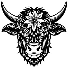 Hand drawn vector illustration of a cute yak face in a flower crown, with lettering quote Spring Is Here. Isolated objects on white. Scandinavian style flat design.