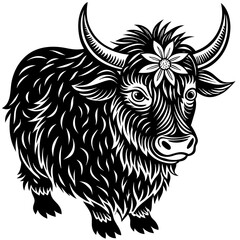 Hand drawn vector illustration of a cute yak face in a flower crown, with lettering quote Spring Is Here. Isolated objects on white. Scandinavian style flat design.
