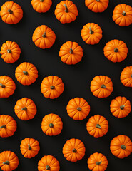 A Halloween pumpkins pattern, black background.Flat lay.Minimal crestive food and Halloween holiday concept.