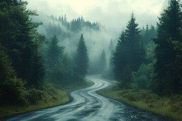 Winding road through dense pine forest, morning mist creating a mystical atmosphere
