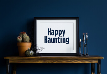 The words "Happy Haunting" appear in black on a white frame background, surrounded by subtle spooky elements like spider webs and candles, creating an eerie yet cute vibe for Halloween decor.



