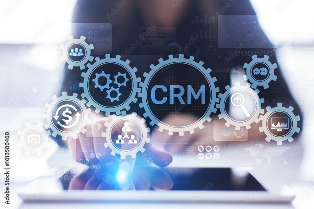 Poster crm - customer relationship management automation system software. business and technology concept.