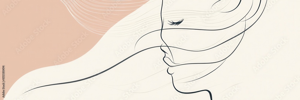 Poster flowing lines and soft tones form an abstract representation of a female face, capturing elegance an