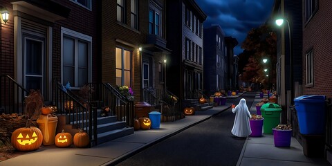 Obraz premium Kids dress up in Halloween costumes (witches, ghosts, vampires) and go on a scary trick-or-treating spree.