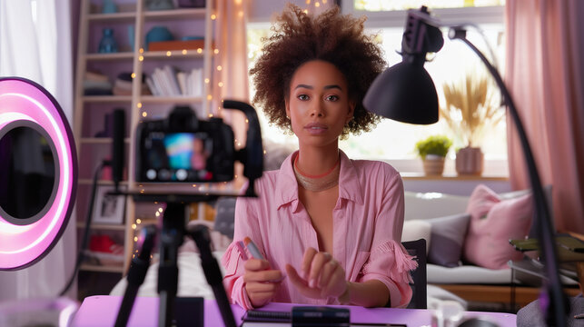 An African American content creator sits at her desk, teaching makeup and beauty tips