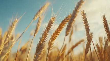 Fototapeta premium A close-up of ripe barley grains on tall stalks, gently blowing in the breeze under a blue sky.