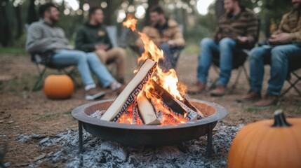 Halloween campfire party deep in the American woods glowing pumpkins around the fire