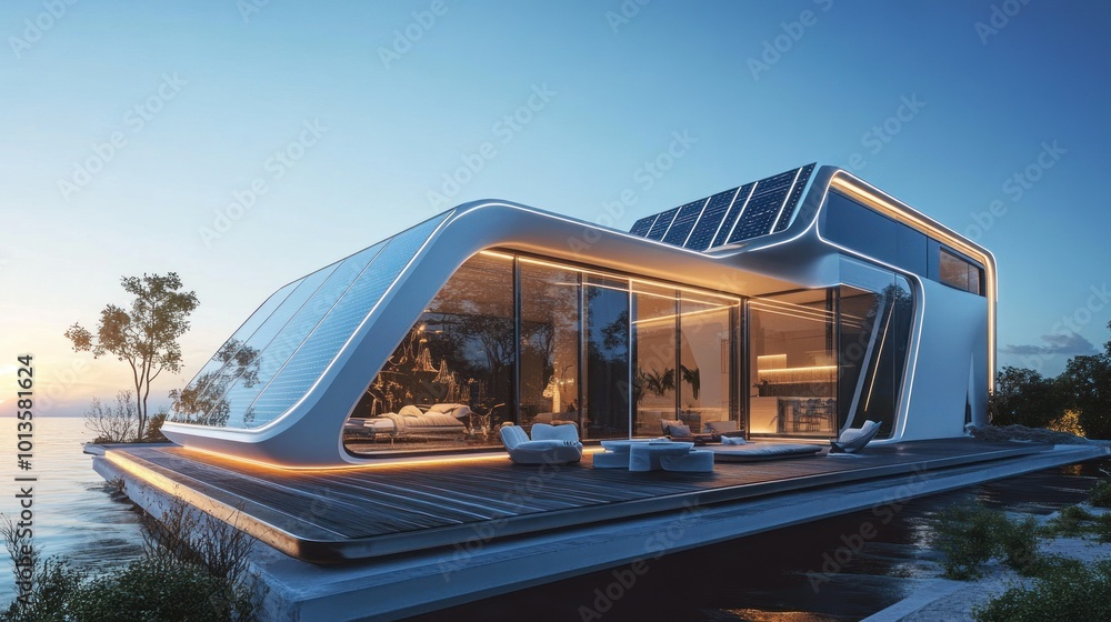 Wall mural Futuristic Modern Home with Solar Panels and Water Views