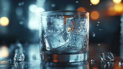 A close-up of a glass filled with ice cubes and water droplets, creating a refreshing vibe.