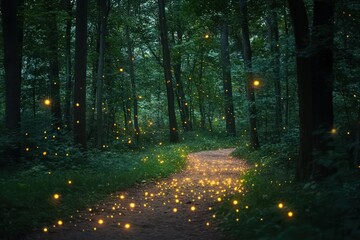 Fototapeta premium A haunted forest path with glowing fireflies.