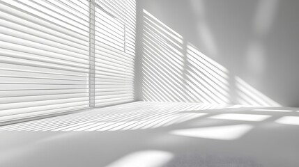 Obraz premium White Venetian blinds filter soft light, casting geometric shadow patterns on a wall, creating a serene ambiance in a minimalist interior characterized by clean lines and tranquil mood.