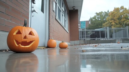 Halloween ghost tour through a haunted American hotel carved pumpkins lighting the way