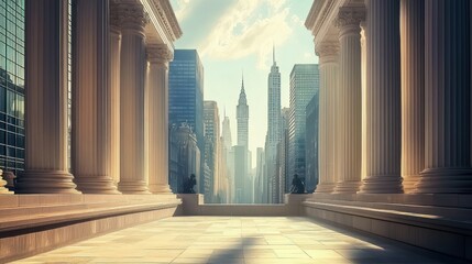 A Cityscape Viewed Through the Columns of a Grand Building