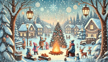 A Heartwarming and Gentle Winter Solstice Celebration in a Snow-Covered Village, Families Roasting Sweet Potatoes, Children Playing, and Magical Lanterns Creating a Festive Atmosphere