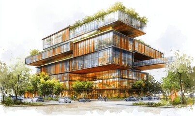 Sustainable office building sketch showcasing green roofs, energy-efficient windows, and green facade - Generative AI