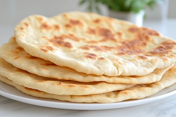 Freshly Made Pita Bread Stacked on a White Plate in a Cozy Kitchen Setting