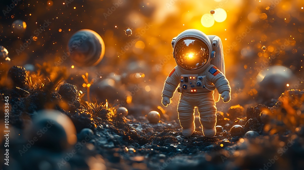 Poster astronaut standing on a planet with a glowing visor and a sunset in the background.