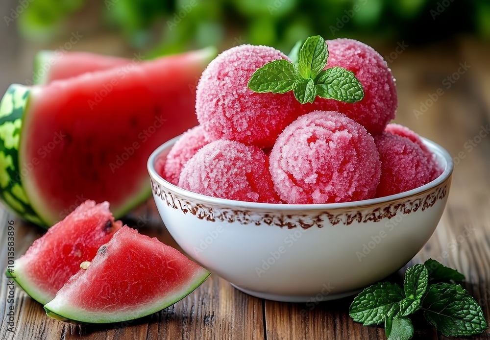 Poster Refreshing watermelon sorbet in a white bowl with mint garnish.