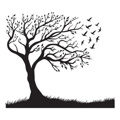 Obraz premium Tree with birds flying in the sky silhouette design