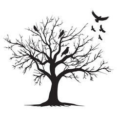Obraz premium Tree with birds flying in the sky silhouette design
