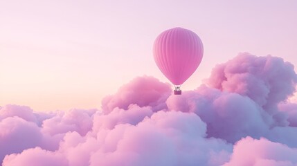 Fototapeta premium Hot air balloon in pink sky with clouds, dreamy atmosphere. Adventure and exploration concept