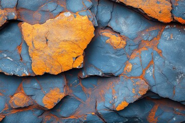 Fototapeta premium Vibrant geological formations showcasing contrasting orange and blue hues, perfect for nature and texture backgrounds.
