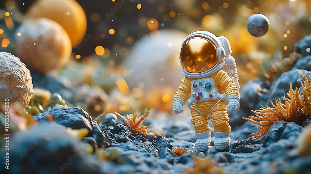 Poster a miniature astronaut in a spacesuit walks on a rocky surface with glowing planets in the background
