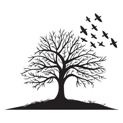 Fototapeta premium Tree with birds flying in the sky silhouette design