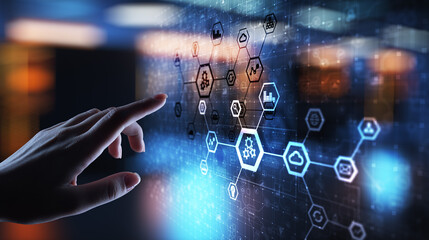 Automation system structure on virtual screen. Smart manufacturing technology and internet of things concept.