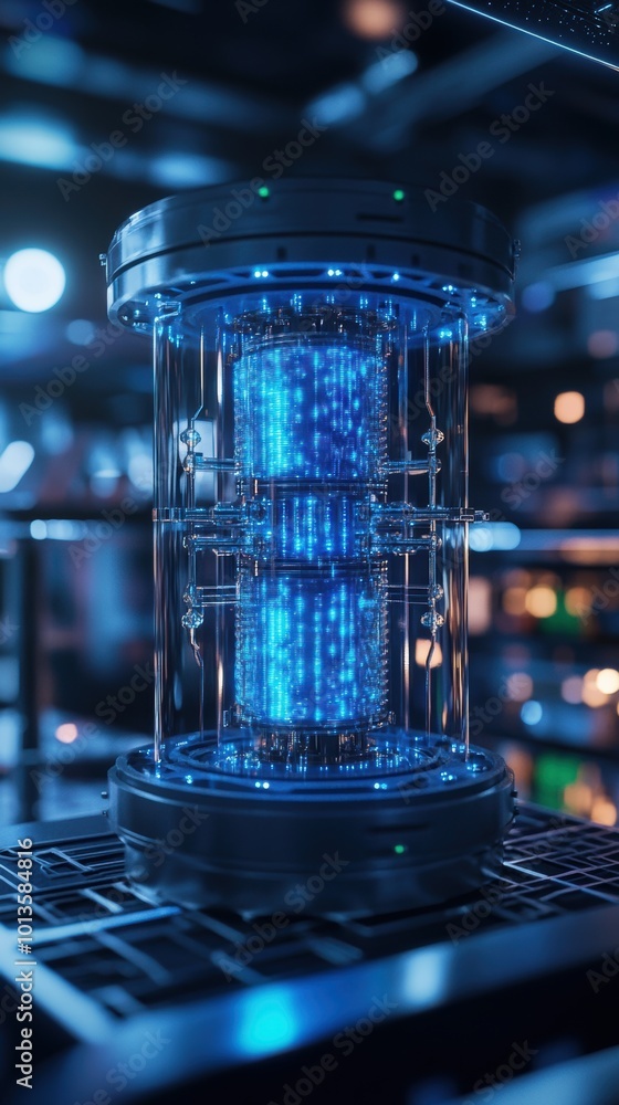 Poster quantum computing core, advanced quantum cryptography lab, blue hues, intricate circuitry, cutting-e